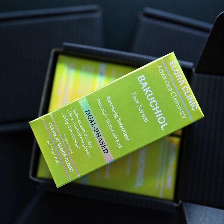 Close-up of the packaging for Elora Clinic Bakuchiol Serum.