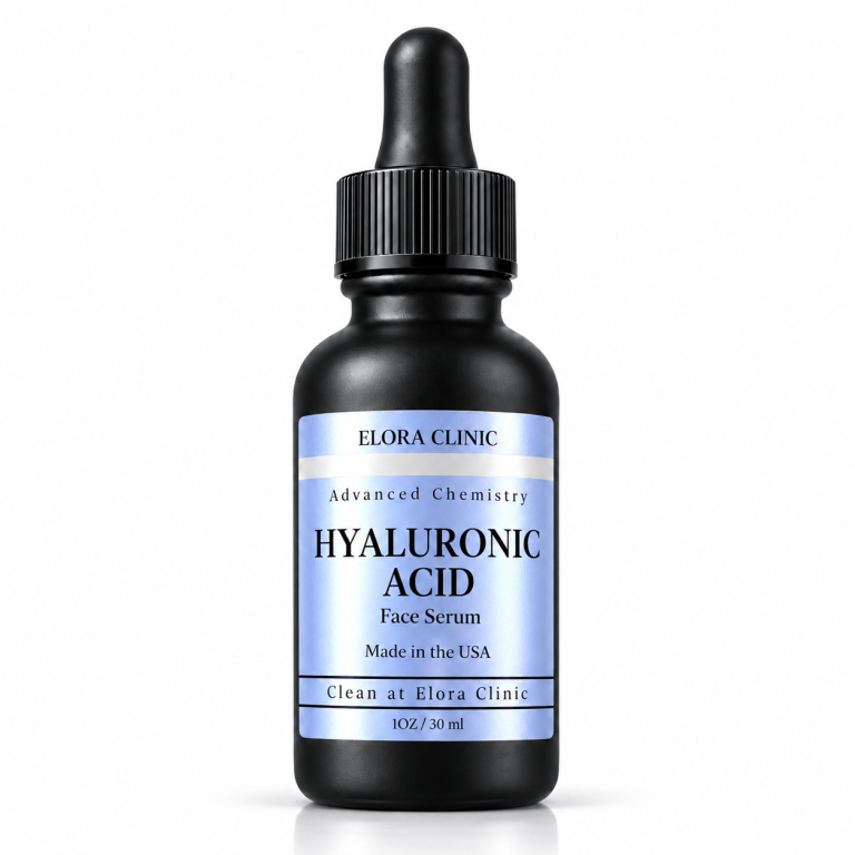 Elora Clinic Hyaluronic Acid Face Serum in a black dropper bottle with a blue label on a white background.