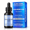 Elora Clinic Hyaluronic Acid Face Serum black dropper bottle beside its angled metallic blue carton on a white background.