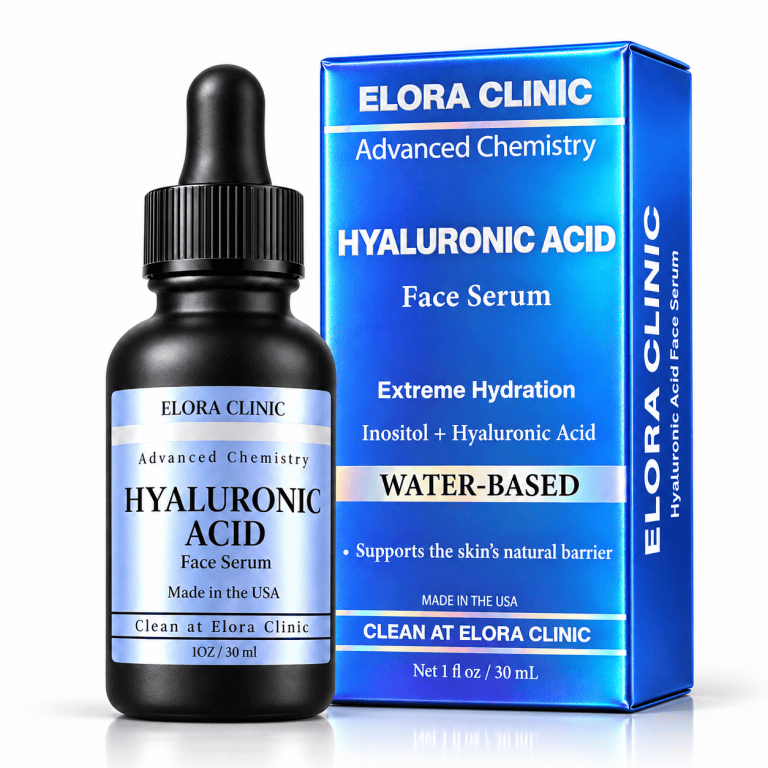 Elora Clinic Hyaluronic Acid Face Serum black dropper bottle beside its angled metallic blue carton on a white background.