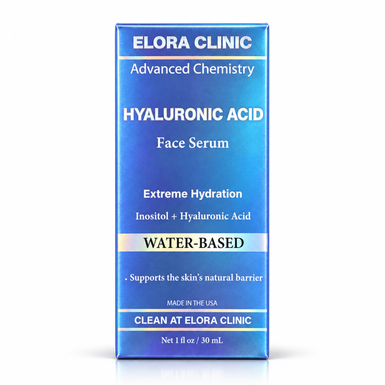 Front view of the metallic blue carton for Elora Clinic Hyaluronic Acid Face Serum on a white background.