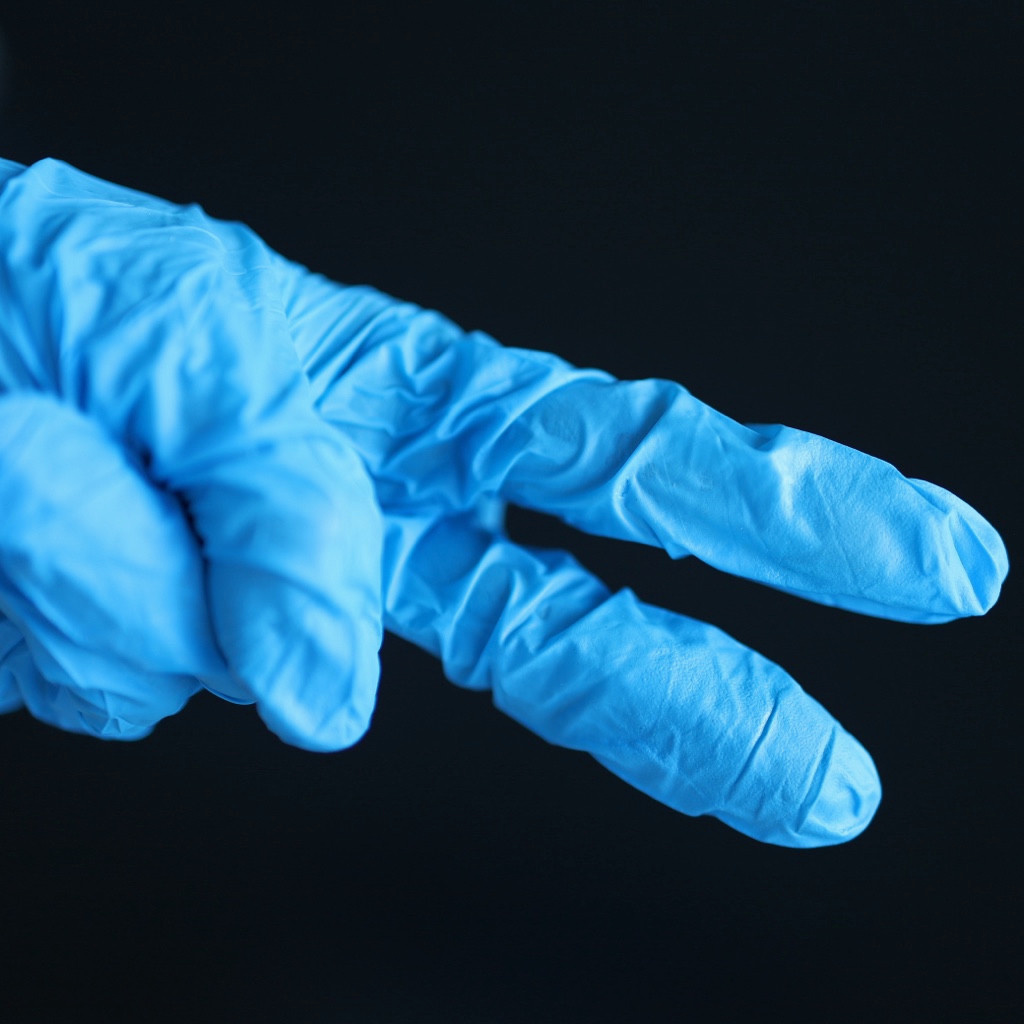 Close-up of a blue-gloved hand with two fingers extended against a dark background.