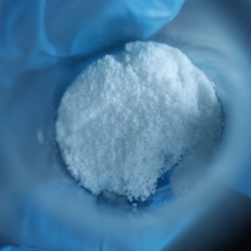 Close-up of white powder in a clear container held by a blue-gloved hand.