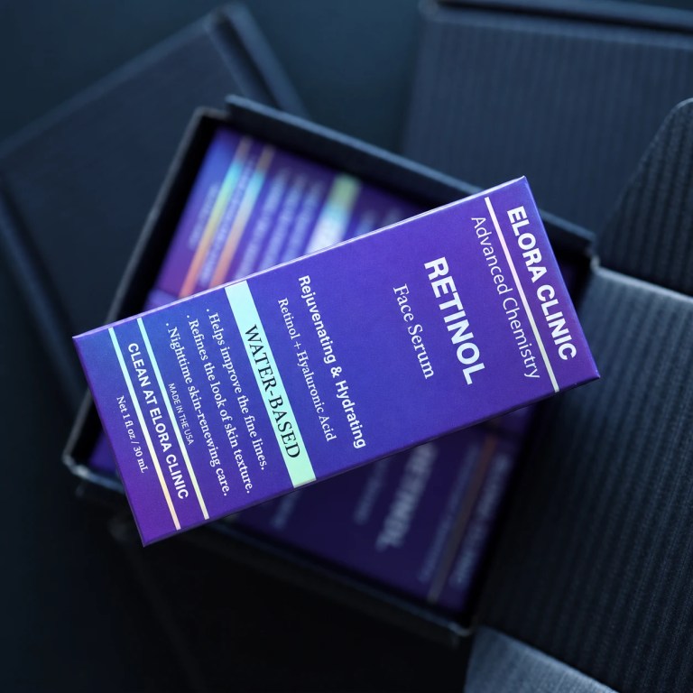 Close-up of the packaging for Elora Clinic Retinol Serum.